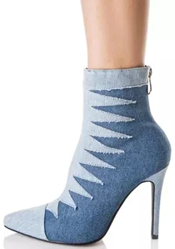 New Antumn Winter Mixed Colors Demin Ankle Boots Back Zipper Pointed Toe High Heels Botines Thin High-heeled Shoes Botas Mujer