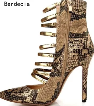 New Fashion Python Leather Sexy Pointed Toe Snake Printed Cage Mental Decoration High Thin Heels Cut-out Sexy Women Dress Pumps