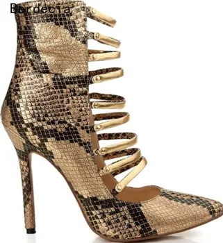 New Fashion Python Leather Sexy Pointed Toe Snake Printed Cage Mental Decoration High Thin Heels Cut-out Sexy Women Dress Pumps