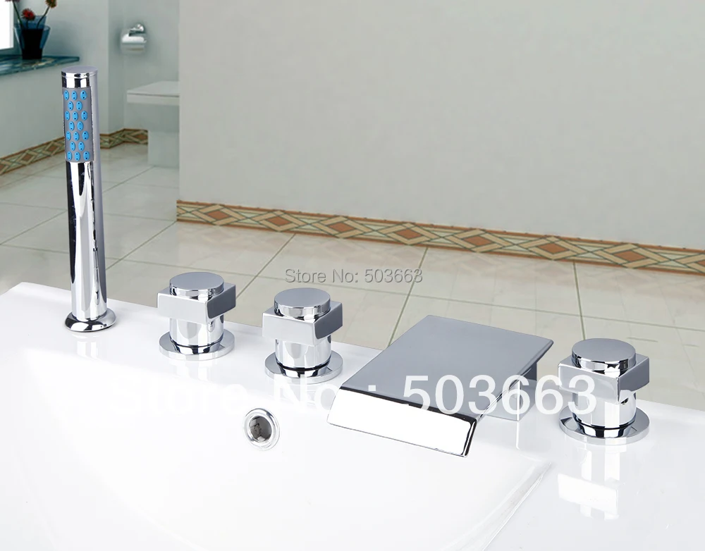 Newly Waterfall Bathroom Bathtub Basin Brass Ceramic Valve Chrome Sink Mixer Double Handles Deck Mounted Tap Faucet MF-323
