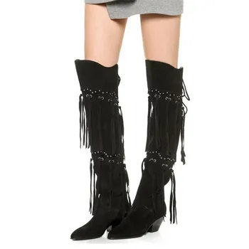 New Women Autumn/ Winter Chunky Heels Pointed-Toe Over The Knee Cow Leather Black Fringe Thigh High Boots Luxury Design Shoes