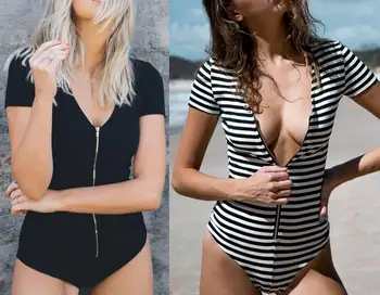 2016 stripes, color and explosion of sexy beach zipper deep V one-piece women