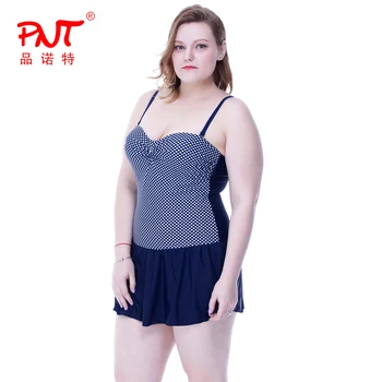 PNT058 One Piece Swimsuit Swimwear Women Plus Size Backless Beach Dress Skirt Navy Dot Print Womens Swimming Fat Push Up Bikini