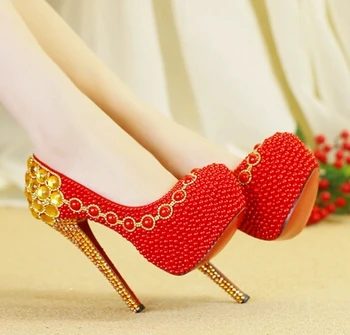 Chinese style red wedding pumps shoes full pearls beading pattern bridal shoes womens parties dance dress red shoe TG429