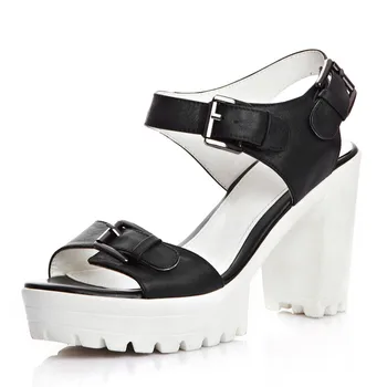 Sandals Genuine Leather new Woman's shoes high heel 9.5CM Platform 3CM Female summer EUR Size 34-39