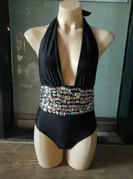 Vintage High Waisted with Rhinestones One Pieces Swimsuit Retro Crystal Luxurious Women Bandage Diamond Bathing suit Biquini