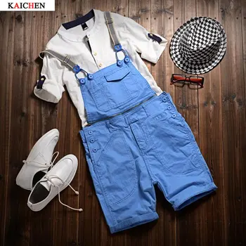 2016 New cotton Men's fashion denim overalls for summer sky blue Korean style jeans Jumpsuits Shorts for man Bib pants S-XXL