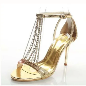 Fashion high-heeled sandals princess shoes Luxury sexy fashion thin heels shoes Summer gold tassel rhinestone shoes