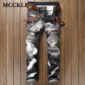 MCCKLE Men's Ripped Biker Jeans Pants With Zippers Painted Distressed Moto Denim Joggers For Male Slim Fit Printed Jeans Pants