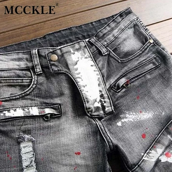MCCKLE Men's Ripped Biker Jeans Pants With Zippers Painted Distressed Moto Denim Joggers For Male Slim Fit Printed Jeans Pants