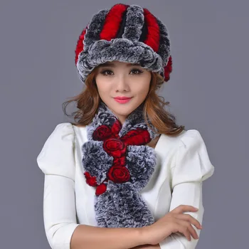 Sale 2016 winter beanies fur hat for women knitted rex Raccoon fur hat with scarf shawl 1Set free size casual women's hat