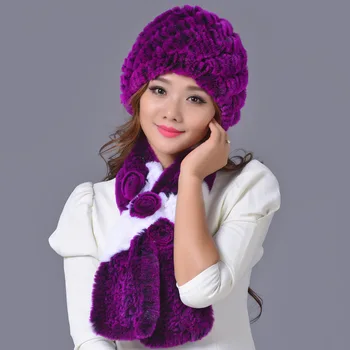 Sale 2016 winter beanies fur hat for women knitted rex Raccoon fur hat with scarf shawl 1Set free size casual women's hat