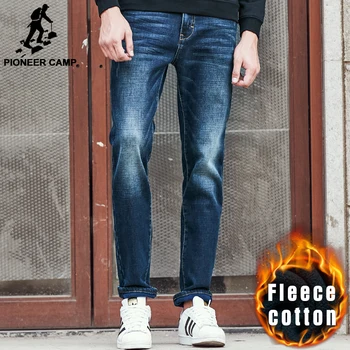 Pioneer Camp New autumn winter fleece jeans men brand male warm denim pants quality deep blue men thick denim trousers 611038