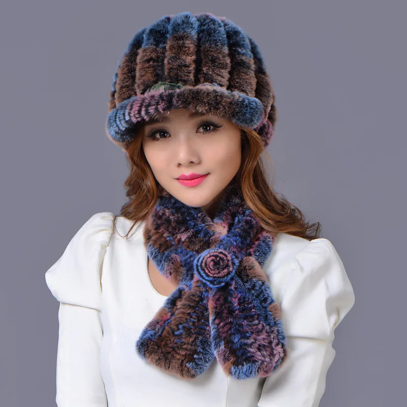 Raccoon fur hat+scarf=1set 2016 winter beanies fur hat for women knitted rex Raccoon fur hat free size casual women's hat