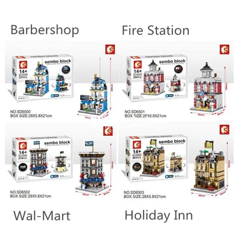 LED Light Bulding Blocks 4 Styles/Set Mini City Series Street Barbershop Fire Station Wal-Mart Hotel Toys Model Christmas Gift