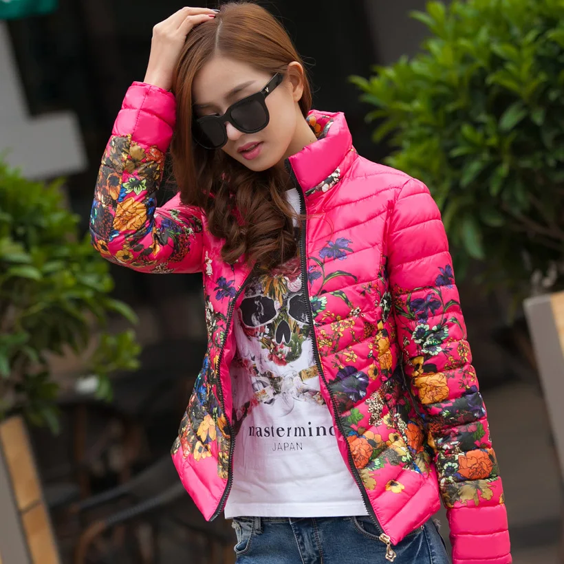 Cotton Padded Ladies Warm Parkas Outerwear 2016 New Winter Jackets Flower Printed Fashion Stand Collar Women Jackets CT150
