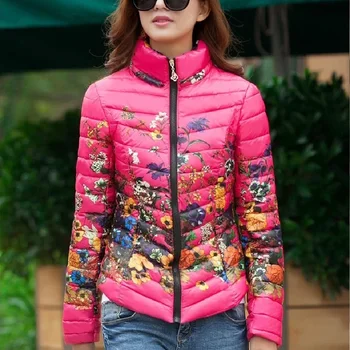 Cotton Padded Ladies Warm Parkas Outerwear 2016 New Winter Jackets Flower Printed Fashion Stand Collar Women Jackets CT150