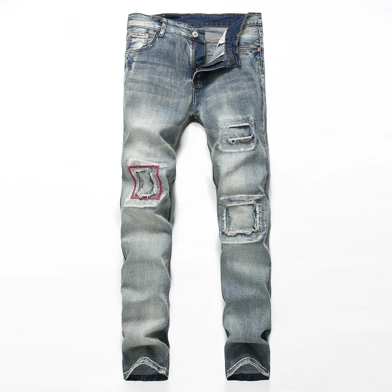 2016 custom new design fashion broken hole patch jeans men washed ripped jeans for men china destroyed jeans