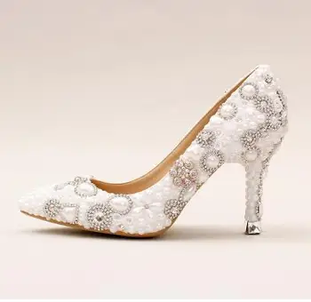 White pearl diamond shoes TG664 high with shallow mouth flowers new banquet celebration shoes with fine pointed