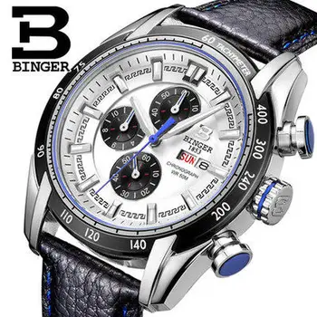2017 New Watch Masculino Chronograph Function Mens Binger Watches Genuine Leather Luxury Men Brand Military Wristwatches reloj