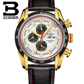 2017 New Watch Masculino Chronograph Function Mens Binger Watches Genuine Leather Luxury Men Brand Military Wristwatches reloj