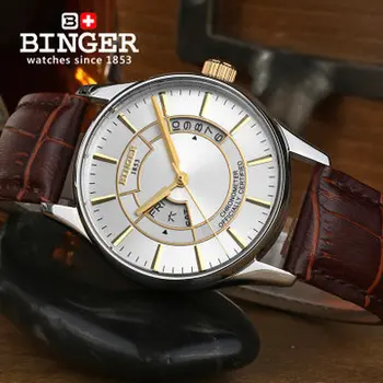 2017 Binger Watches New Gold Silver Case Men Hollow Skeleton Automatic Mechanical Coffee Leather Wrist Watch Drop Shipping