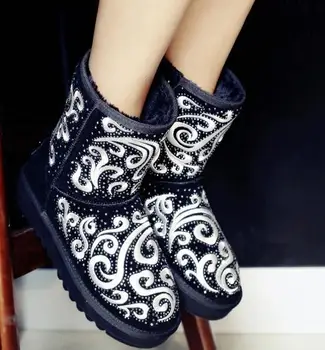 Women Winter Flats Chunky Heel Genuine Leather Round Toe Embroidery Fashion Warm Snow Ankle Boots Size 34-39 SXQ01005