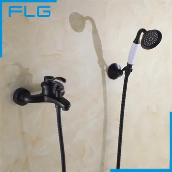 Luxury Wall Mounted Black Finish Shower Faucet Set Rain Shower Tub Mixer Tap, Blackened Hand Shower Set