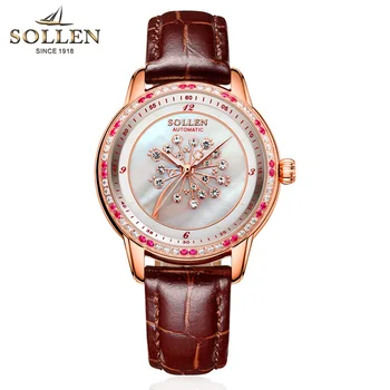 SOLLEN watches women luxury brand automatic mechanical Romantic dandelion shell pearl diamond sapphire Italian calfskin brown