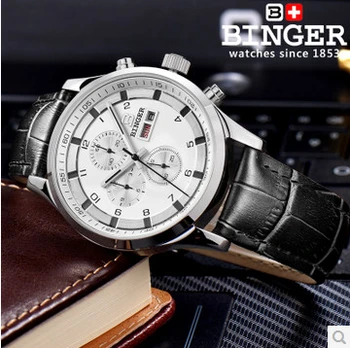 New Binger Dial Chronograph Dual Date Gents Silver Stainless Steel Watch Multifunction Wristwatch Men Leather Quartz Watches