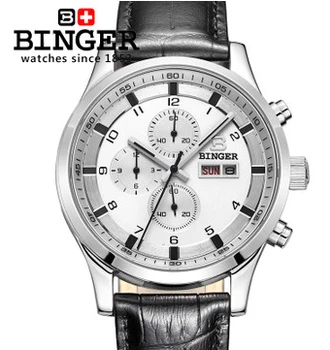 New Binger Dial Chronograph Dual Date Gents Silver Stainless Steel Watch Multifunction Wristwatch Men Leather Quartz Watches