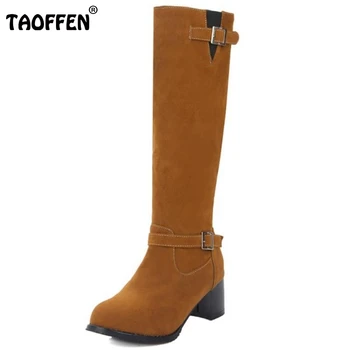Women Square Heel Knee Boots Female Suede Leather Buckle Style Knight Botas Fashion Brand Heeled Footwear Shoes Woman Size 34-43