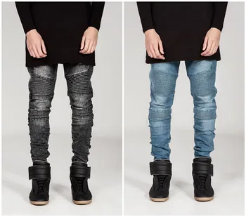 Fold Skinny Jeans Men 2017 New Fashion Runway Distressed Slim Elastic Jeans Mens Plus Cotton Locomotive Men Jeans