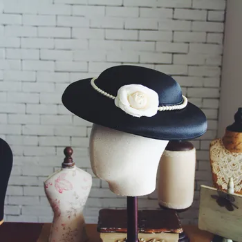 European Vintage Style Bride Hat Elegant Black Satin Peark Flower Fascinator For Tea Wedding Party Dinner Women Headwear Hat