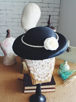 European Vintage Style Bride Hat Elegant Black Satin Peark Flower Fascinator For Tea Wedding Party Dinner Women Headwear Hat