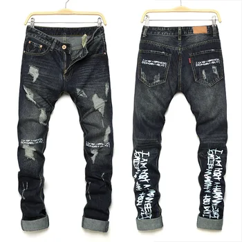 Hole Jeans Men Straight Destroyed Jeans Brand Casual Slim Ripped Jeans Homme Retro Men's Jeans Cotton