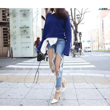 Ripped Jeans For Women 2017 New Spring Korea High Waist Cowboy Hole Tearing Thin Wild Jeans Hollow Out jeans Pencil Pants