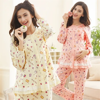 Women Nursing Pajamas Set For Pregnant Women Clothes Nursing Cartoon Long Sleeve Casual Cotton Maternity Spring 60M0055