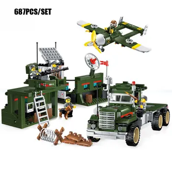 687PCS Military Base Mobile Combat Vehicle Aircraft Model Bricks Army Soldier Search Dog Toy For Boy's Compatible Enlighten