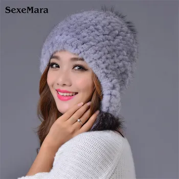 2016 New Mink Hat Ladies Fashion Fox Fur Ball Fur Hat Mink Knit Hats Casual Mink Hat Female Headgear 03-P29-37