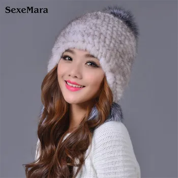 2016 New Mink Hat Ladies Fashion Fox Fur Ball Fur Hat Mink Knit Hats Casual Mink Hat Female Headgear 03-P29-37