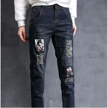 New Design Spring Plus Size Ripped Cartoon Print Painting Jeans Oversized Boyfriend Casual Ripped Jeans 4Xl 5Xl 6Xl 7Xl