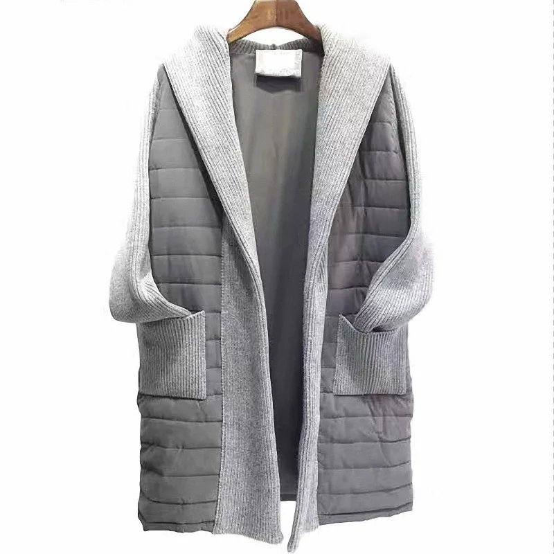Women's New Winter Poncho Cardigan Coat Long Knitted Sleeve Horizontal Quilting Lightweight Packable Hooded Quilted Parka