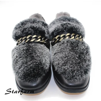 Shoes women grey rex rabbit fur copper metal chain genuine cow leather upper sheep wool ladies fashion Low-heeled pumps shoes