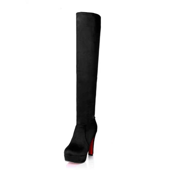 Women boots fashion shoes long boots Round Toe platforms Nubuck Leather high heels boots Slip-On Over-the-Knee Knight boots