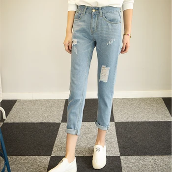 2017 Summer New Look Slim Light Blue Thin Jeans with High Waist Torn Jeans Female Plus Size Pants Trousers Ripped Jeans Woman