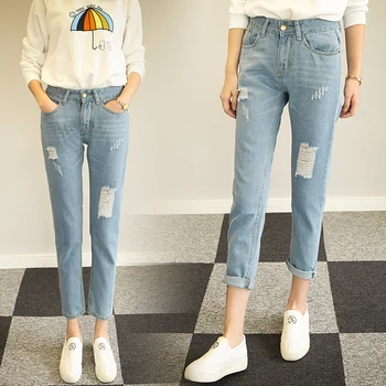 2017 Summer New Look Slim Light Blue Thin Jeans with High Waist Torn Jeans Female Plus Size Pants Trousers Ripped Jeans Woman