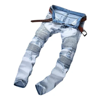 Men's Blue Stretch Biker/Moto Denim Distressed Ripped True Jogger Jeans Slim Skinny Straight Tapered Stone Washed for Men Pants