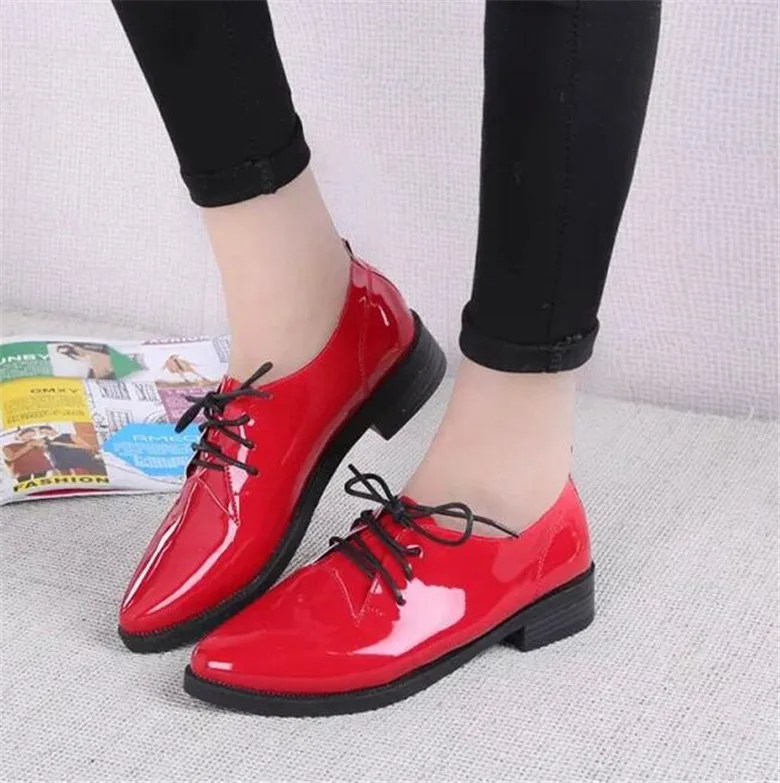 Fashion Women Oxfords flats Ladies leather Shoes Lace-up moccasins ballerina non-slip Red Black Creepers Oxford Shoes For Women