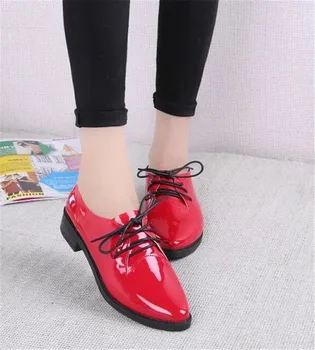 Fashion Women Oxfords flats Ladies leather Shoes Lace-up moccasins ballerina non-slip Red Black Creepers Oxford Shoes For Women